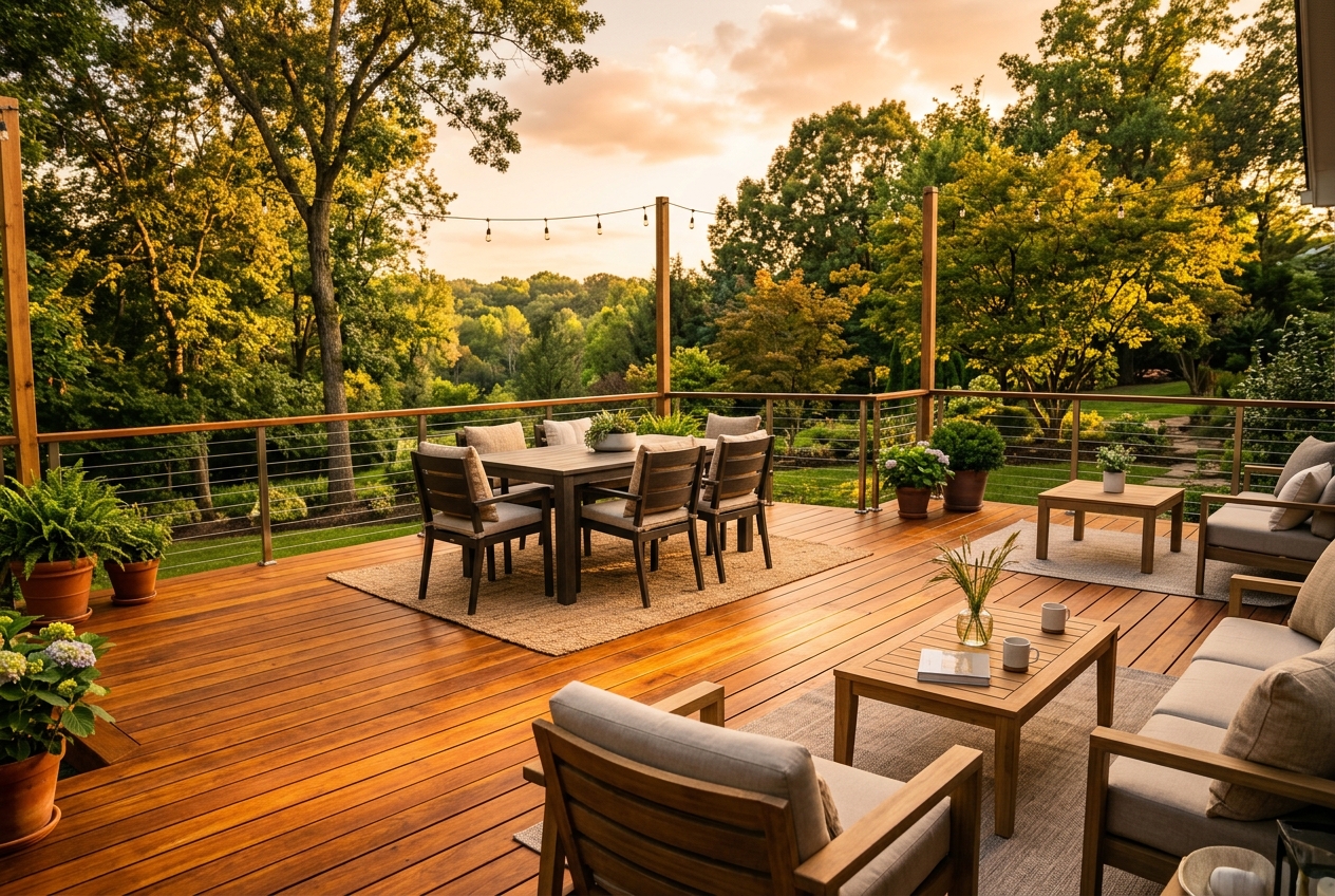 Newly built wooden deck with cable railing
