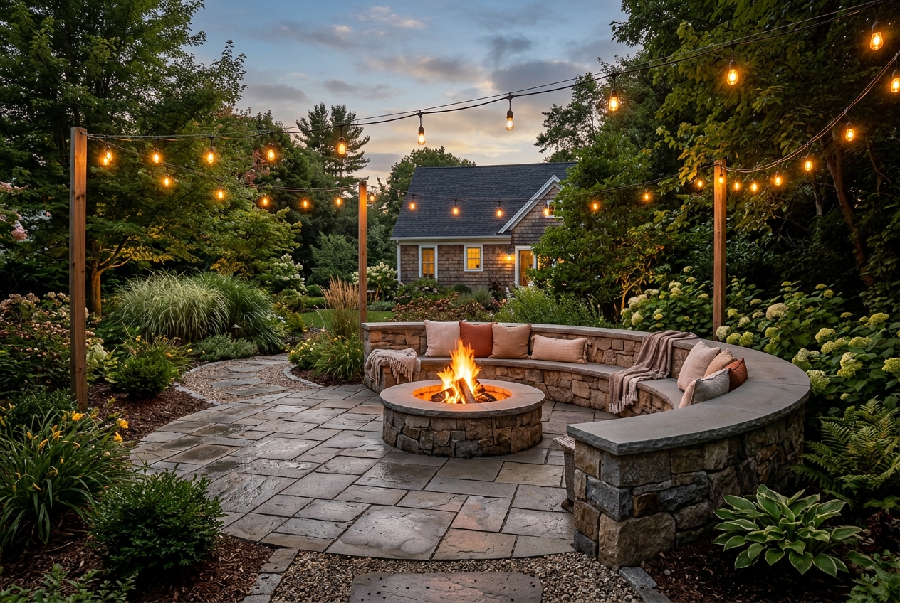 Stone paver patio with built-in fire pit and string lights