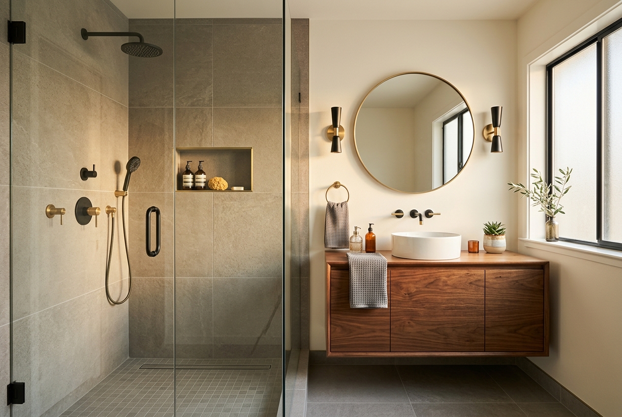 Freshly remodeled modern bathroom with walk-in tile shower and floating vanity