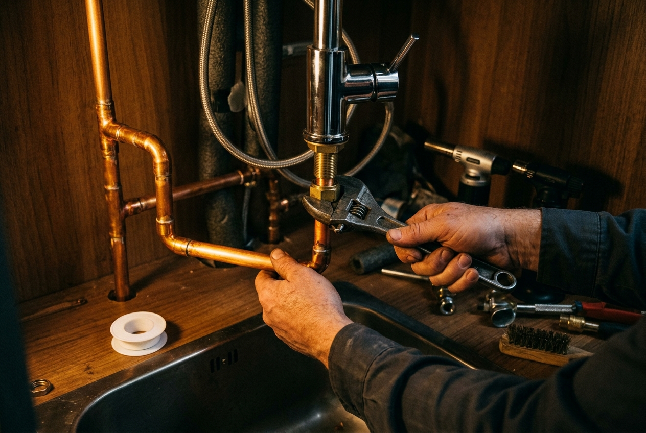 Plumber fitting copper pipes and a chrome faucet