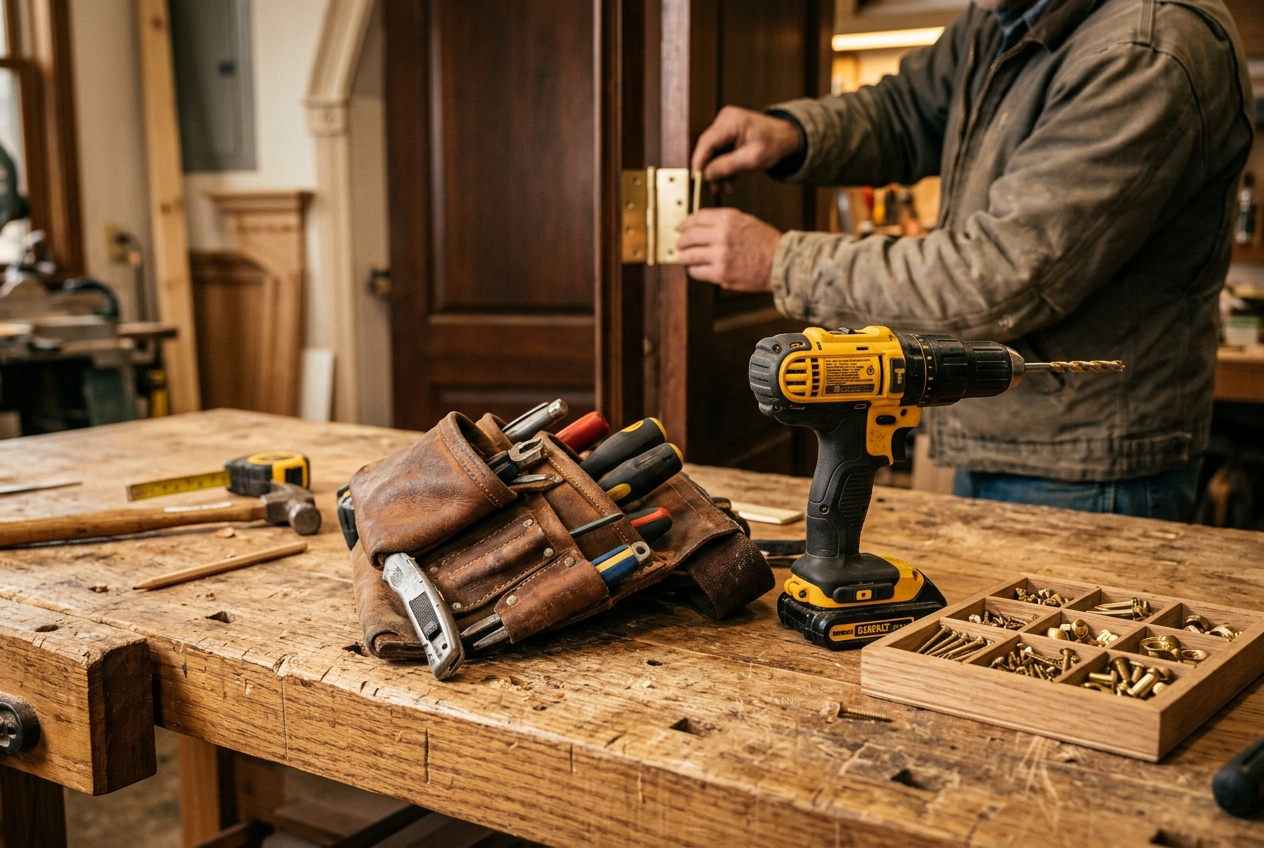 Tool belt and cordless drill on a workbench during a repair